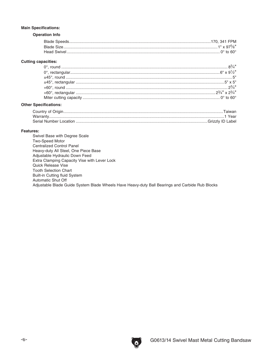Grizzly G0614 User Manual | Page 8 / 68