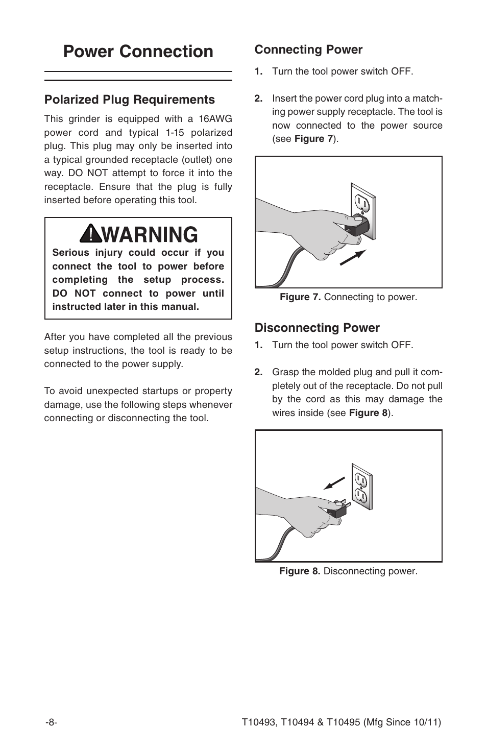 Power connection, Polarized plug requirements, Connecting power | Disconnecting power | Grizzly Angle s T10493 User Manual | Page 10 / 24