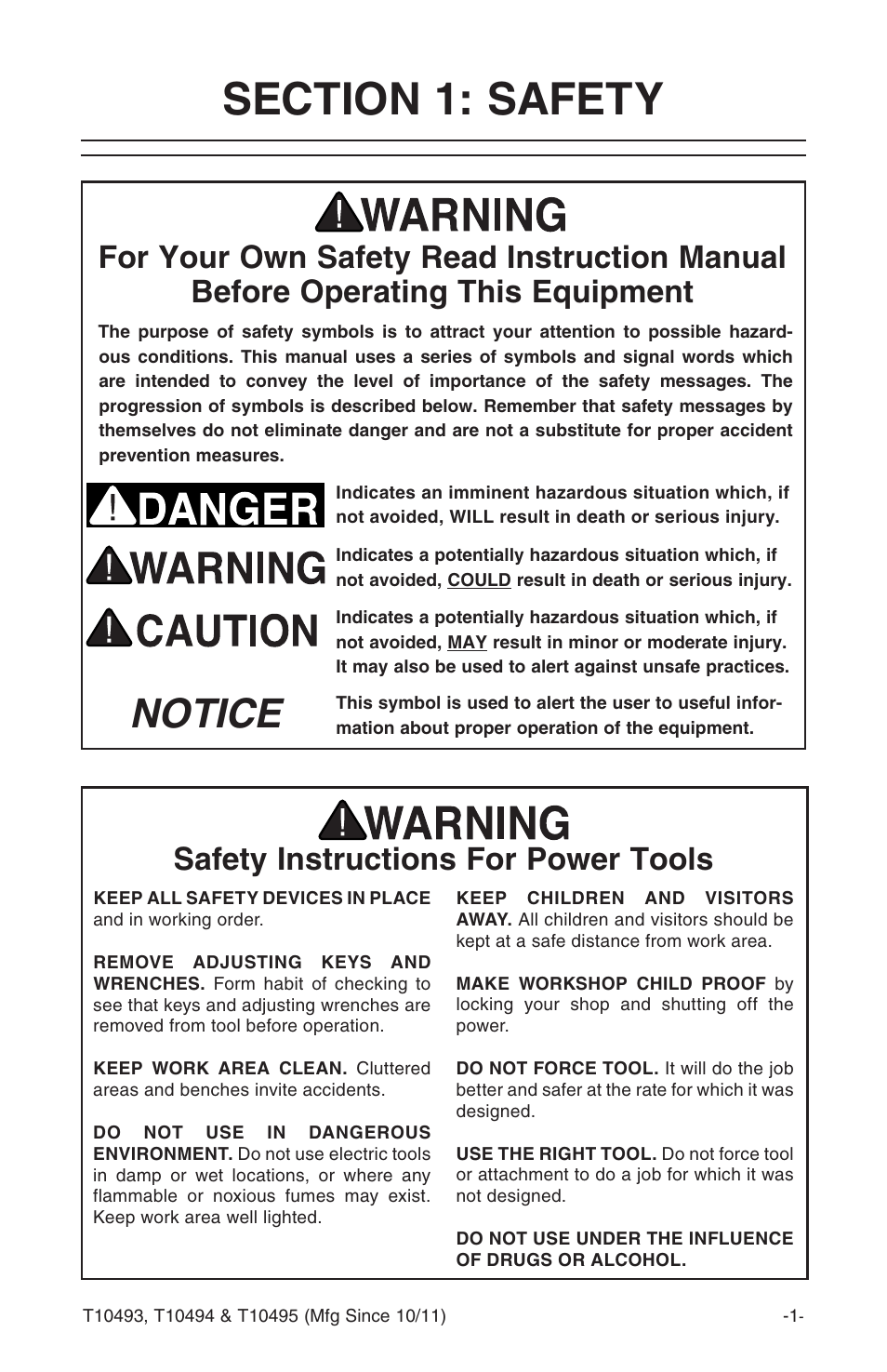 Notice, Safety instructions for power tools | Grizzly Angle s T10493 User Manual | Page 3 / 24