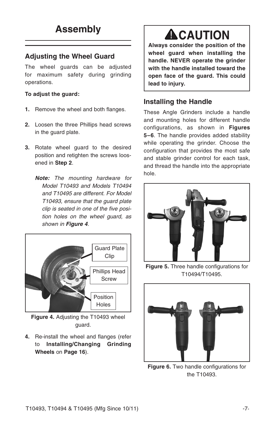 Assembly, Installing the handle, Adjusting the wheel guard | Grizzly Angle s T10493 User Manual | Page 9 / 24