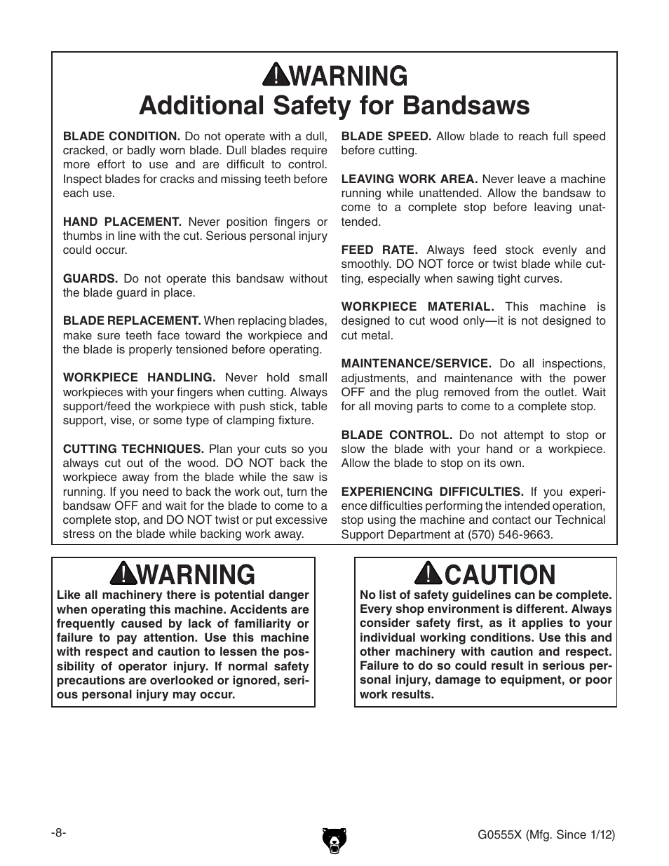 Additional safety for bandsaws | Grizzly G0555X User Manual | Page 10 / 60