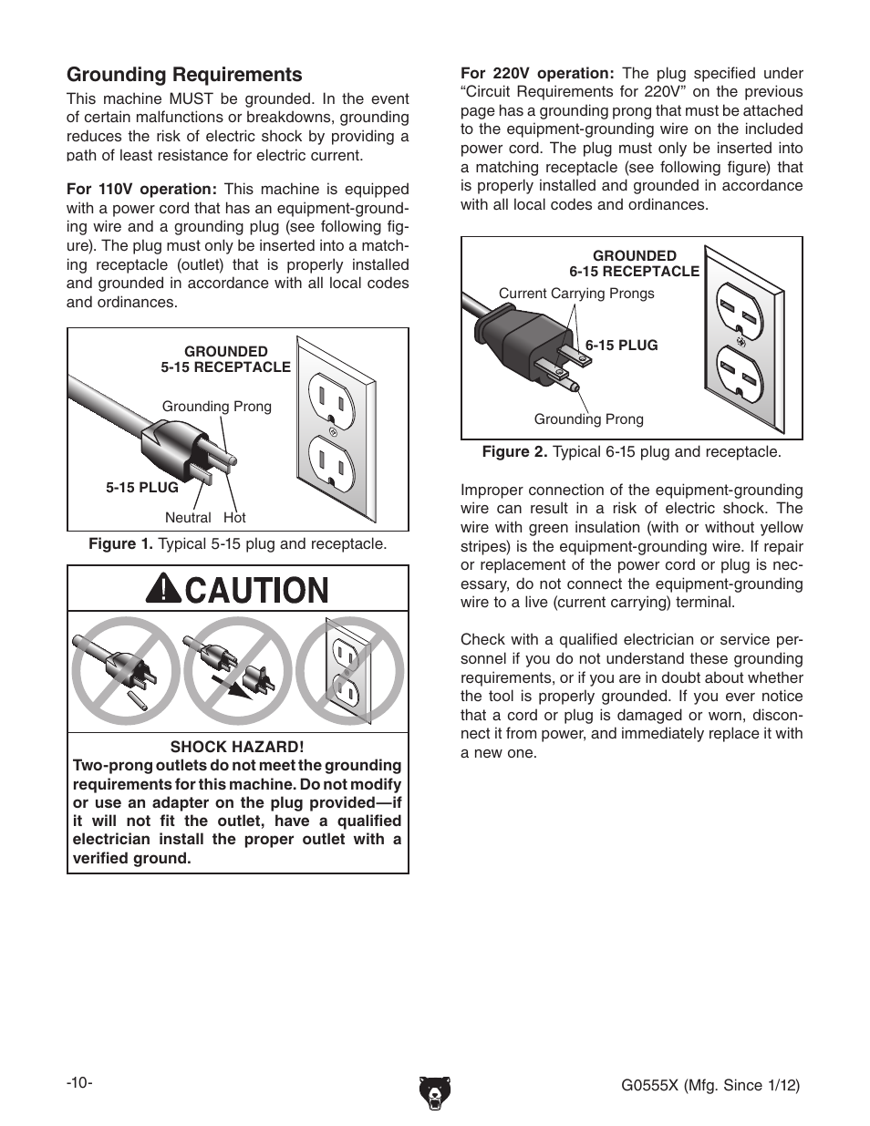 Grounding requirements | Grizzly G0555X User Manual | Page 12 / 60