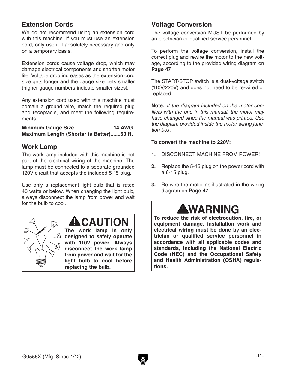 Extension cords work lamp, Voltage conversion | Grizzly G0555X User Manual | Page 13 / 60