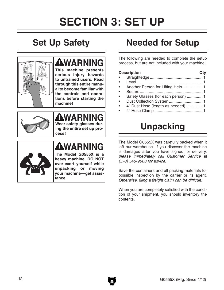 Set up safety, Needed for setup, Unpacking | Grizzly G0555X User Manual | Page 14 / 60