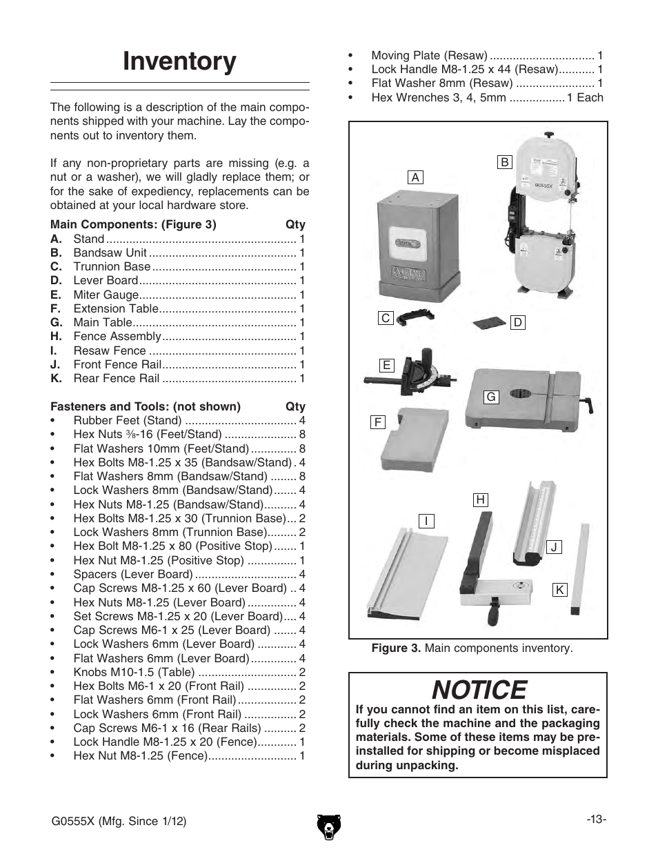 Inventory, Notice | Grizzly G0555X User Manual | Page 15 / 60