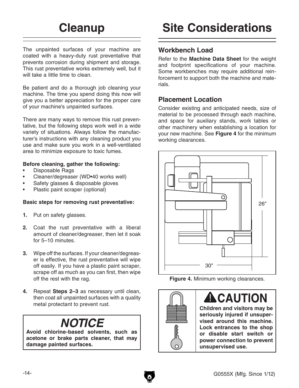 Cleanup, Site considerations, Notice | Grizzly G0555X User Manual | Page 16 / 60