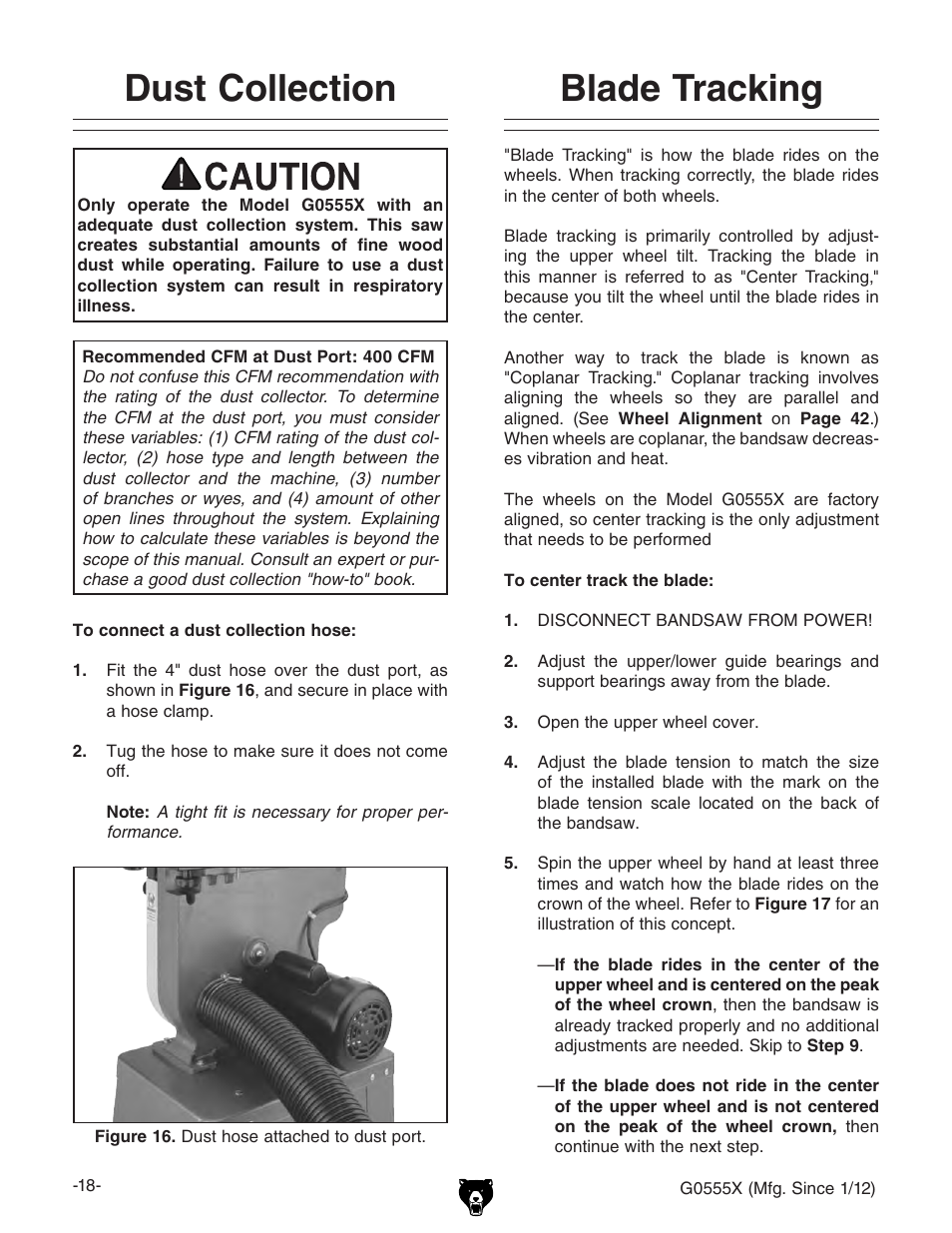 Blade tracking, Dust collection | Grizzly G0555X User Manual | Page 20 / 60