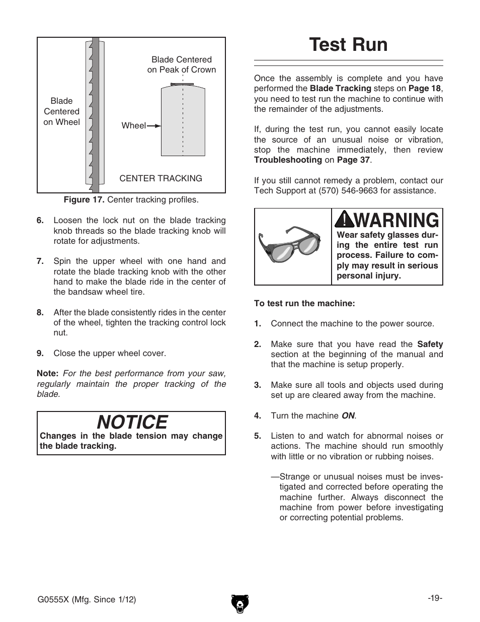 Notice, Test run | Grizzly G0555X User Manual | Page 21 / 60