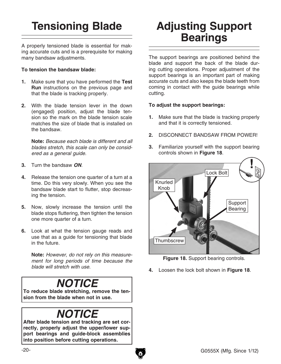 Notice, Tensioning blade adjusting support bearings | Grizzly G0555X User Manual | Page 22 / 60