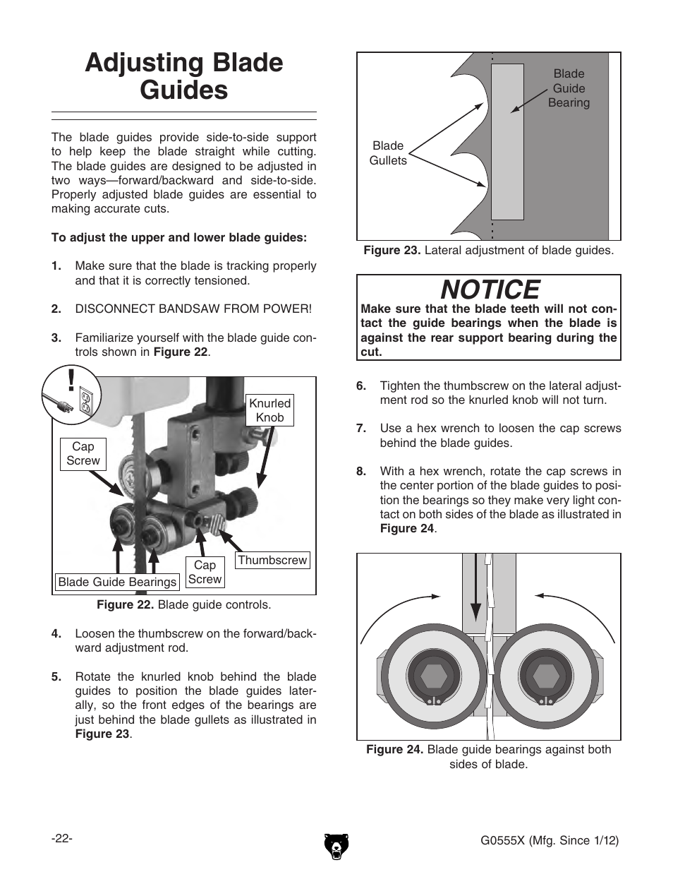 Notice, Adjusting blade guides | Grizzly G0555X User Manual | Page 24 / 60