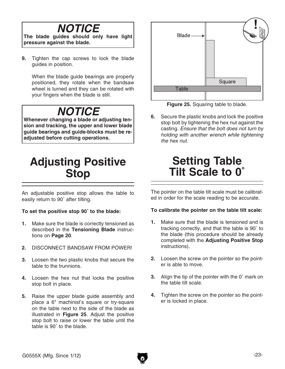 Notice, Adjusting positive stop, Setting table tilt scale to 0 | Grizzly G0555X User Manual | Page 25 / 60