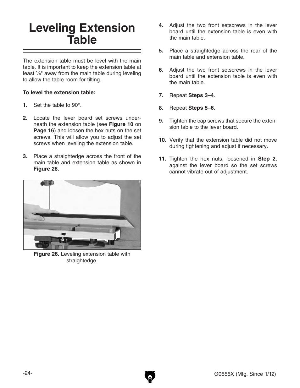 Leveling extension table | Grizzly G0555X User Manual | Page 26 / 60