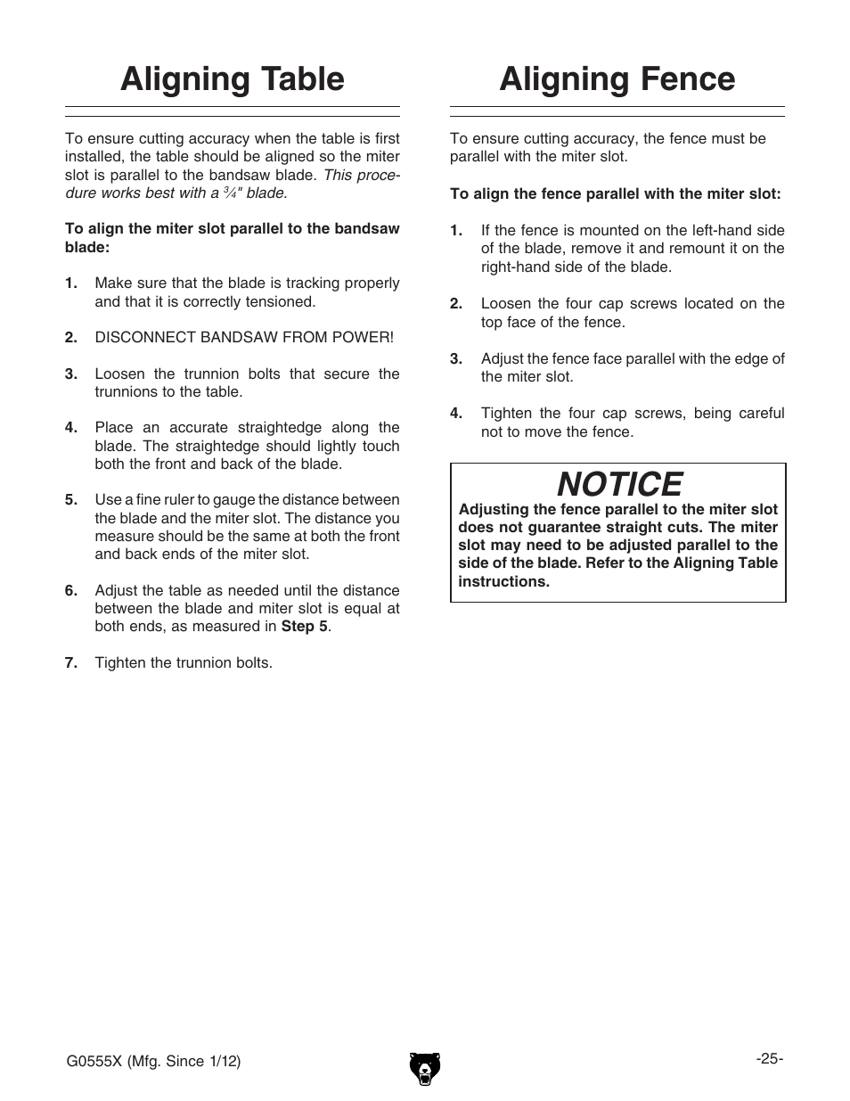 Aligning table aligning fence notice | Grizzly G0555X User Manual | Page 27 / 60