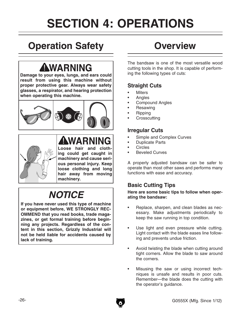 Operation safety, Notice, Overview | Grizzly G0555X User Manual | Page 28 / 60