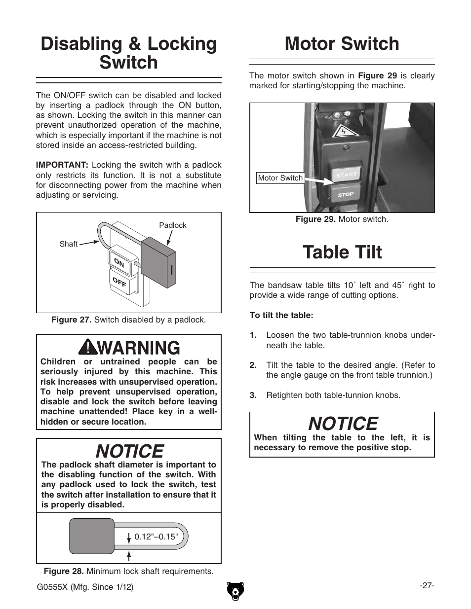 Motor switch, Notice, Table tilt | Disabling & locking switch | Grizzly G0555X User Manual | Page 29 / 60