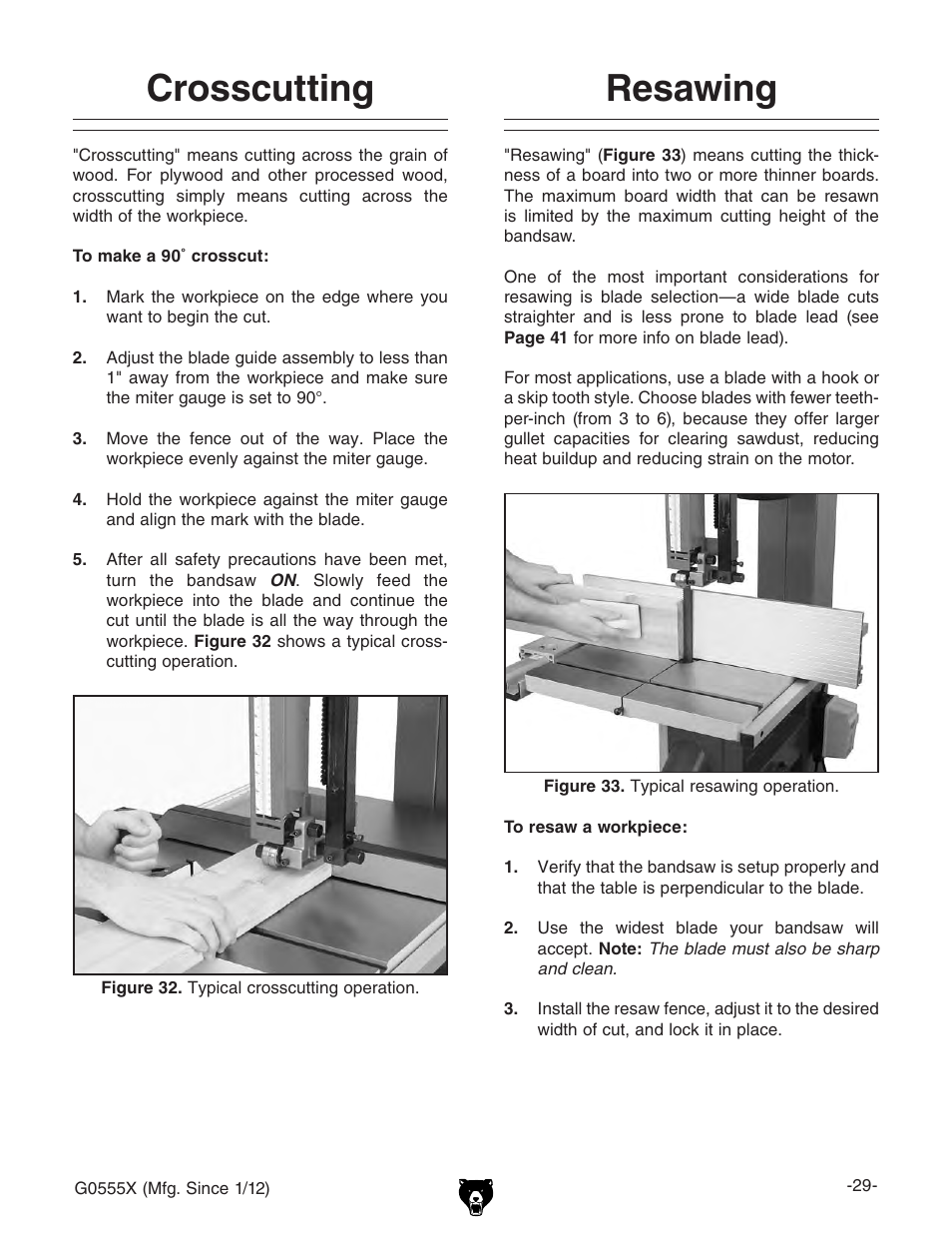 Crosscutting, Resawing | Grizzly G0555X User Manual | Page 31 / 60