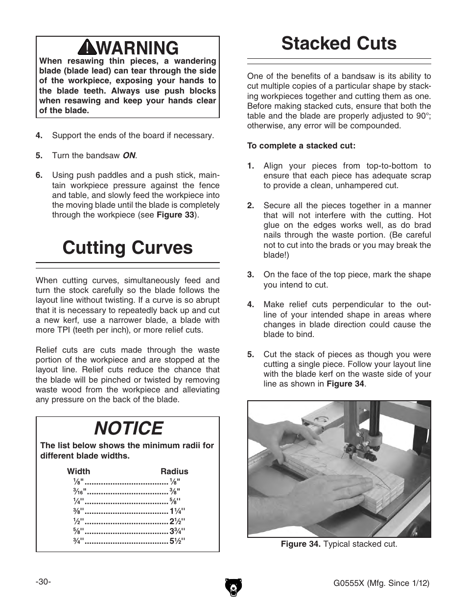 Notice, Cutting curves, Stacked cuts | Grizzly G0555X User Manual | Page 32 / 60