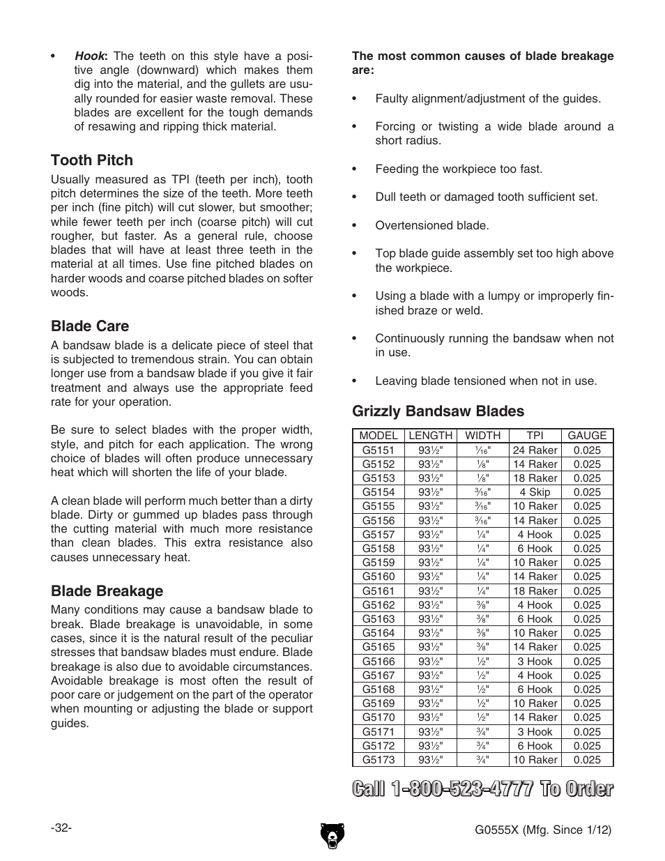 Tooth pitch, Blade care, Blade breakage | Grizzly bandsaw blades | Grizzly G0555X User Manual | Page 34 / 60