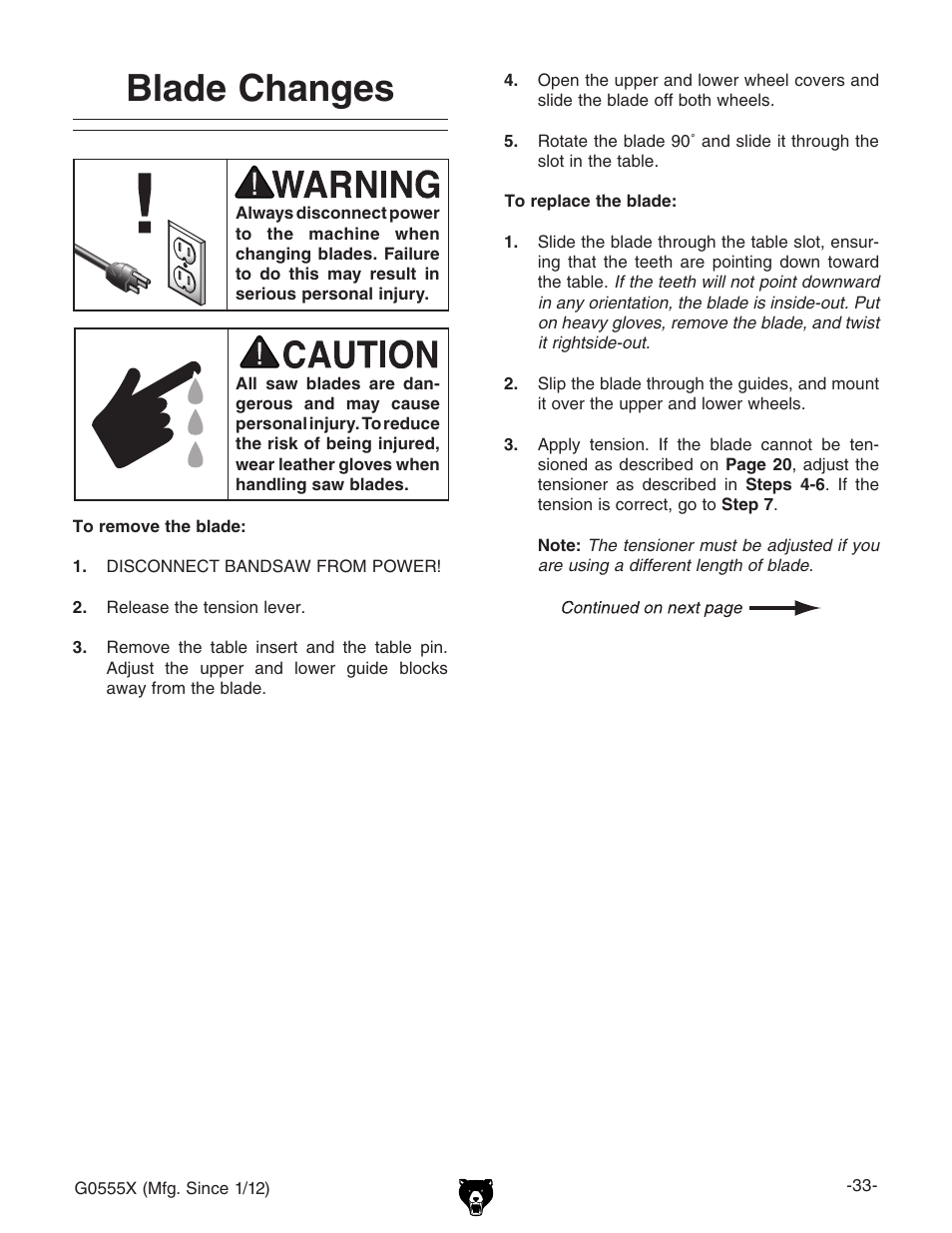 Blade changes | Grizzly G0555X User Manual | Page 35 / 60