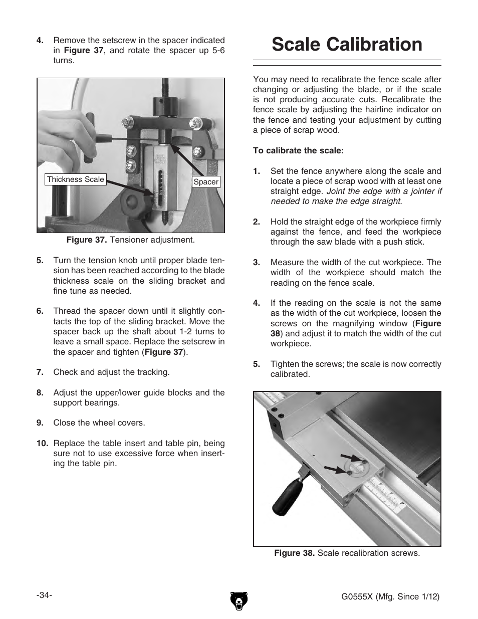 Scale calibration | Grizzly G0555X User Manual | Page 36 / 60