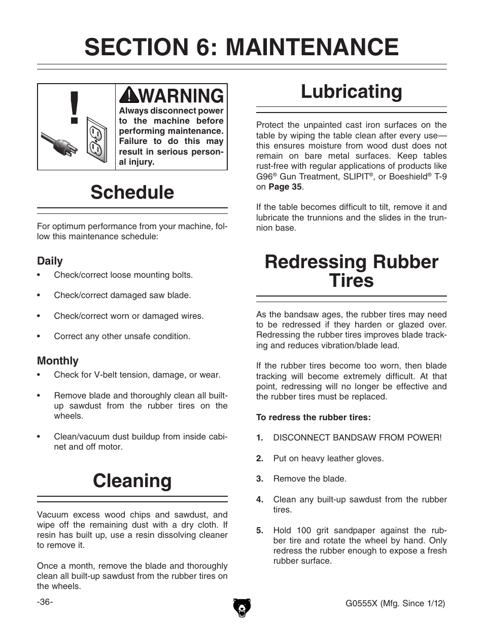 Cleaning, Lubricating, Schedule | Redressing rubber tires | Grizzly G0555X User Manual | Page 38 / 60