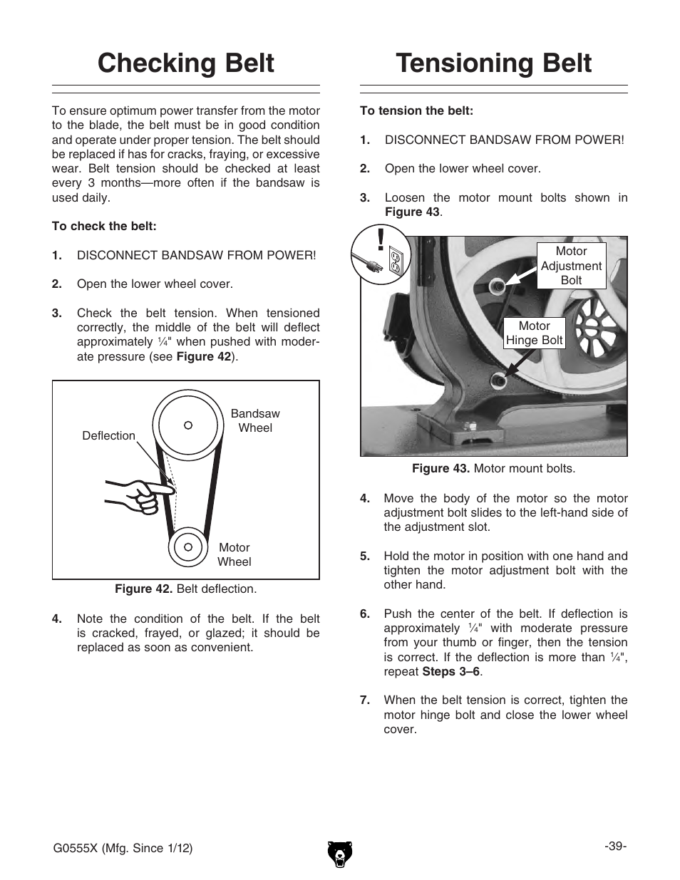 Checking belt tensioning belt | Grizzly G0555X User Manual | Page 41 / 60