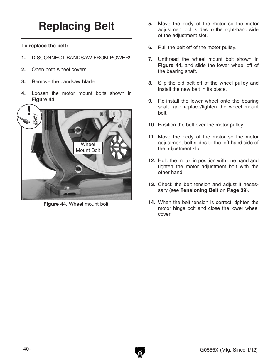 Replacing belt | Grizzly G0555X User Manual | Page 42 / 60