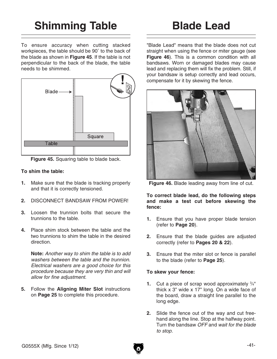 Shimming table blade lead | Grizzly G0555X User Manual | Page 43 / 60