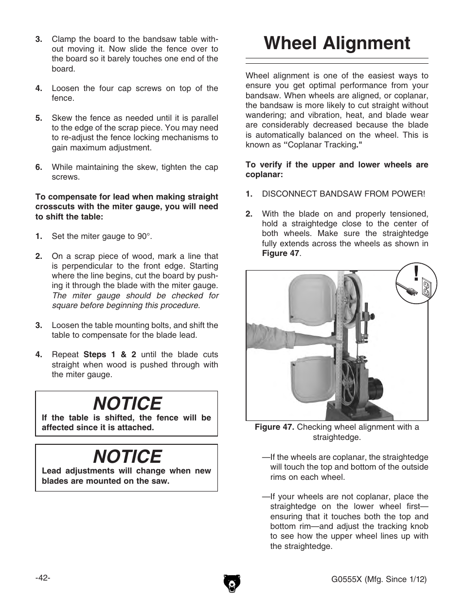 Notice, Wheel alignment | Grizzly G0555X User Manual | Page 44 / 60