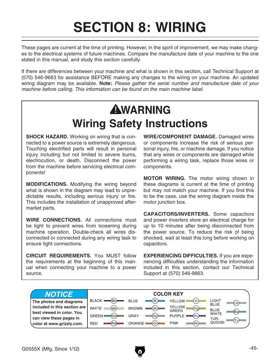 Wiring safety instructions | Grizzly G0555X User Manual | Page 47 / 60