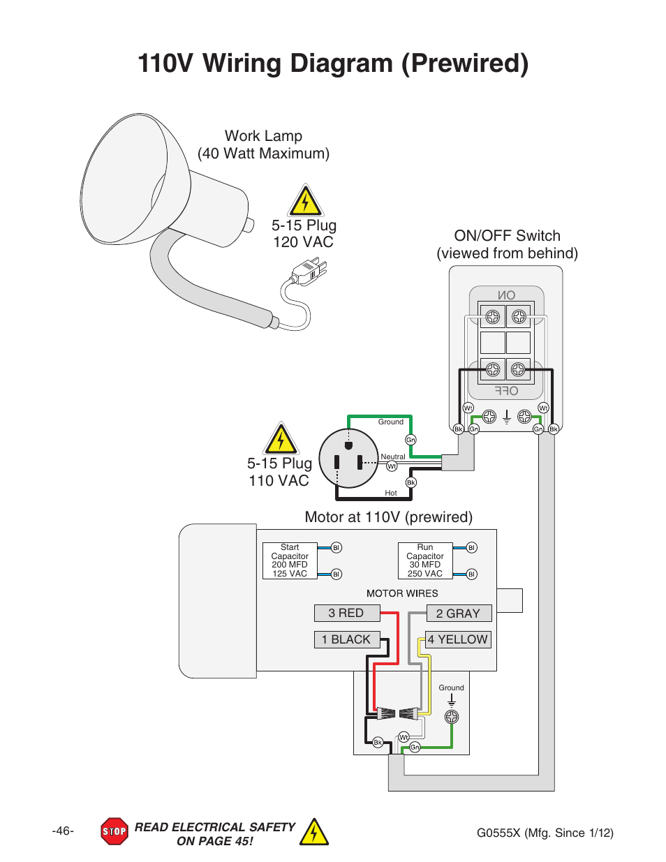 110v wiring diagram (prewired), Motor at 110v (prewired), On/off switch (viewed from behind) | Work lamp (40 watt maximum) | Grizzly G0555X User Manual | Page 48 / 60