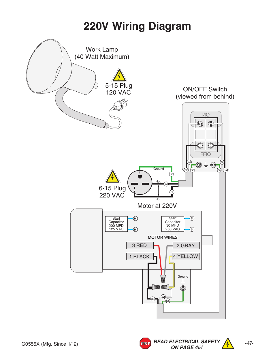 220v wiring diagram, Notice, Motor at 220v | Grizzly G0555X User Manual | Page 49 / 60