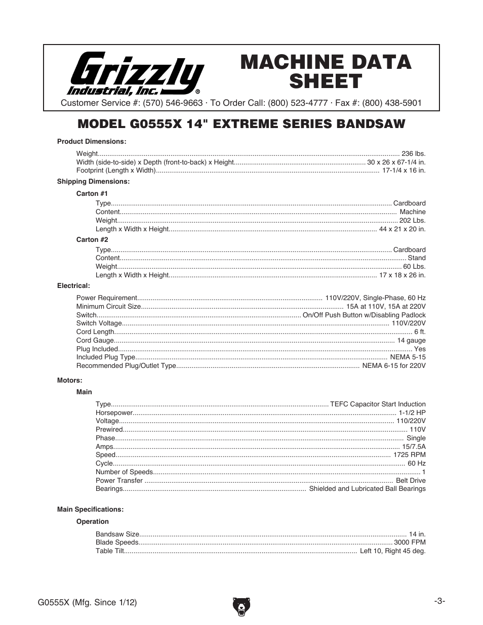 Machine data sheet | Grizzly G0555X User Manual | Page 5 / 60