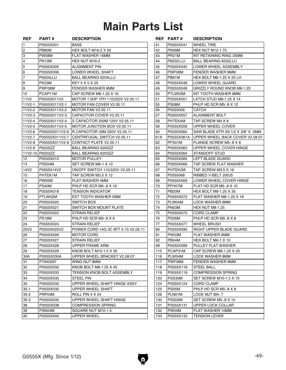 Main parts list | Grizzly G0555X User Manual | Page 51 / 60