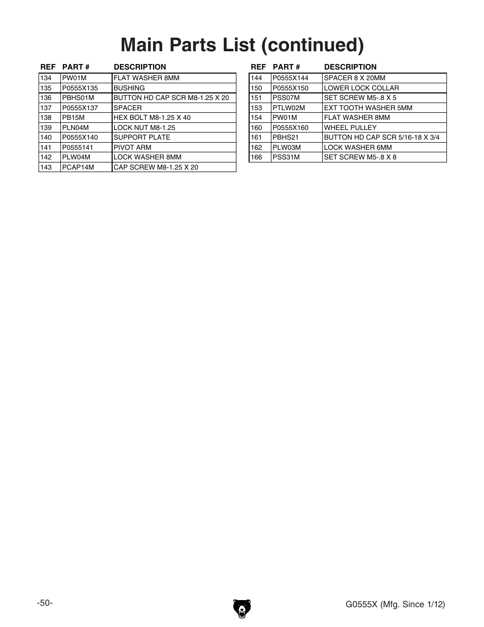 Main parts list (continued) | Grizzly G0555X User Manual | Page 52 / 60