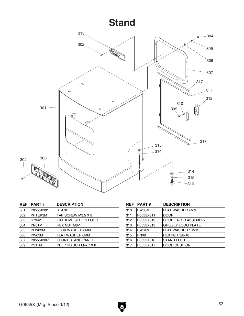 Stand | Grizzly G0555X User Manual | Page 55 / 60