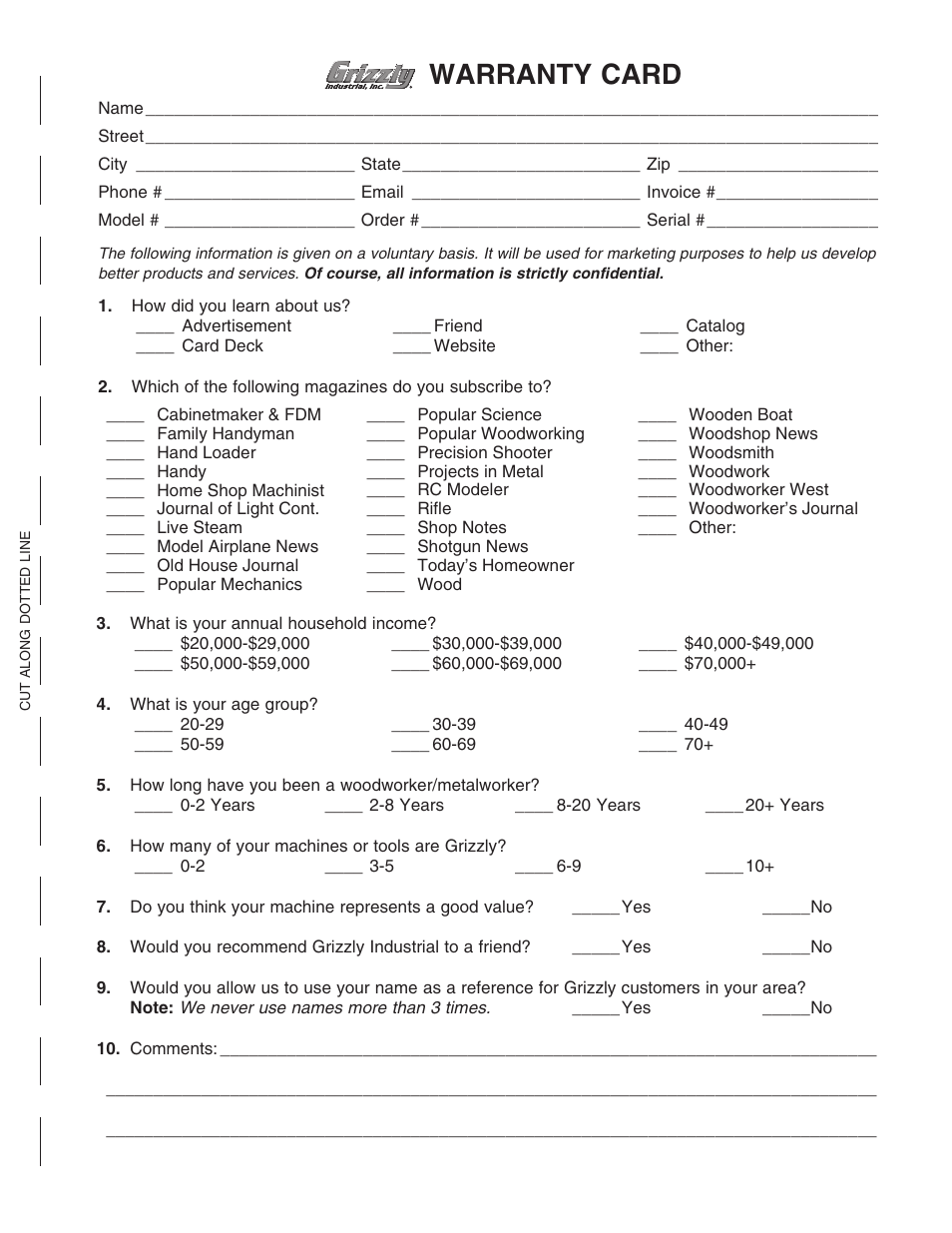 Warranty card | Grizzly G0555X User Manual | Page 57 / 60