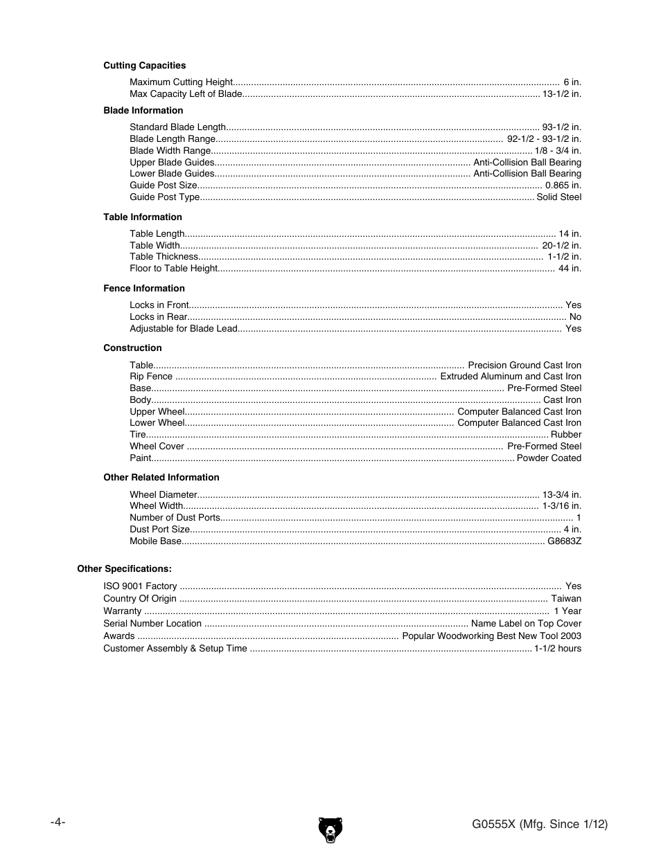 Grizzly G0555X User Manual | Page 6 / 60