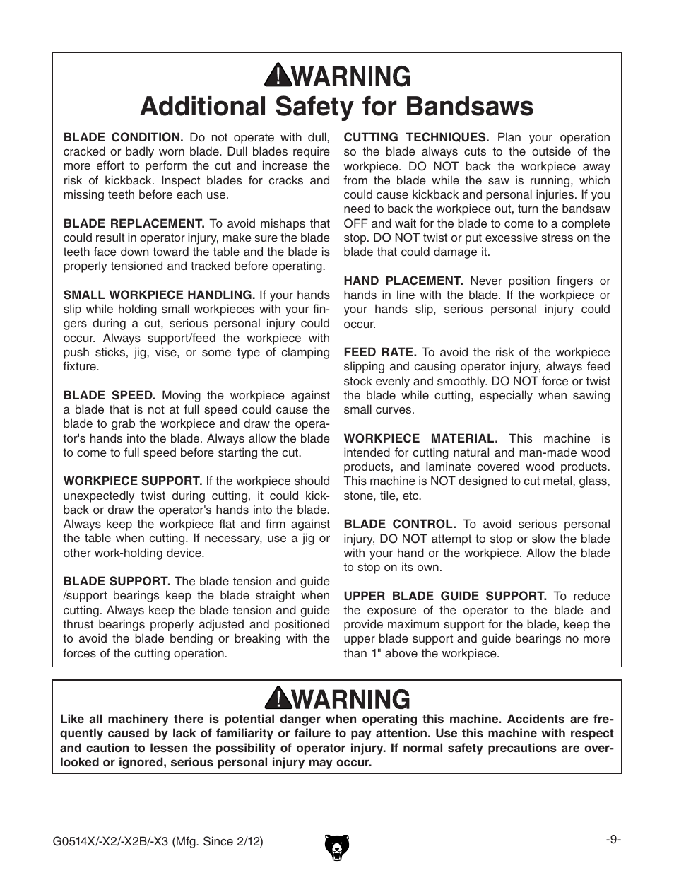 Additional safety for bandsaws | Grizzly G0514X User Manual | Page 11 / 96