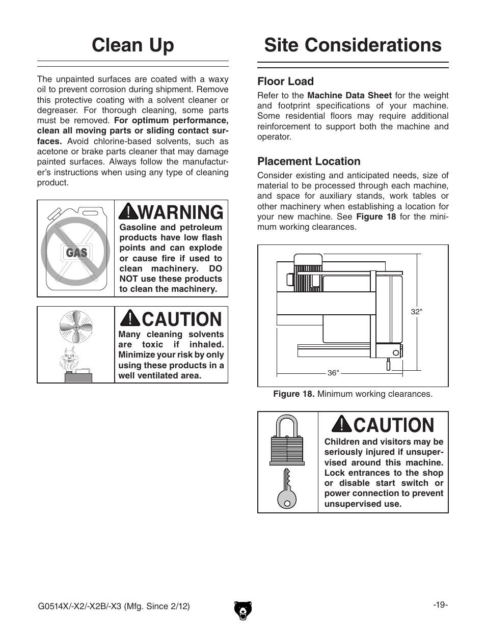 Site considerations, Clean up | Grizzly G0514X User Manual | Page 21 / 96