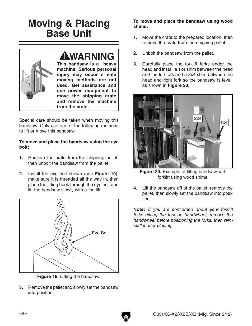 Moving & placing base unit | Grizzly G0514X User Manual | Page 22 / 96