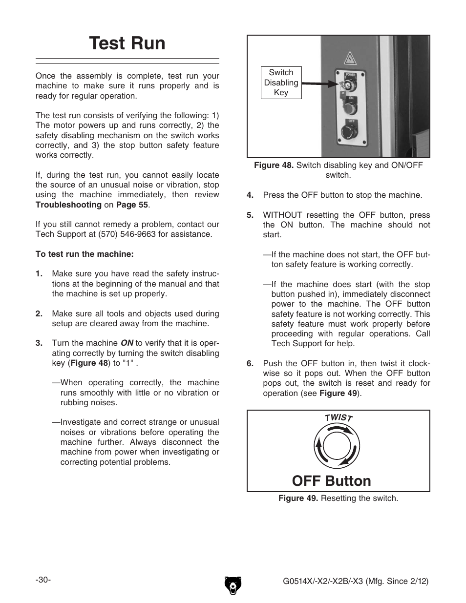 Test run, Off button | Grizzly G0514X User Manual | Page 32 / 96