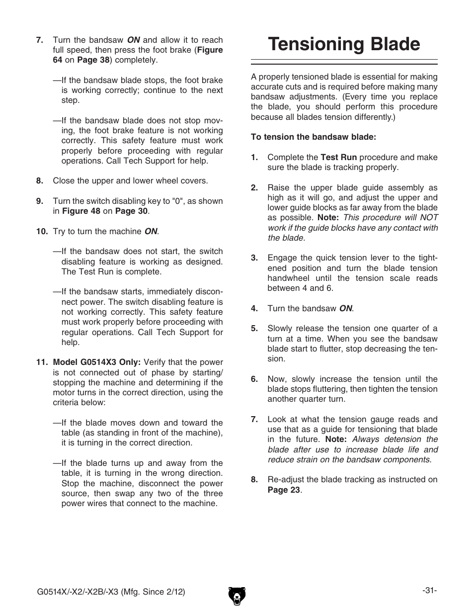 Tensioning blade | Grizzly G0514X User Manual | Page 33 / 96