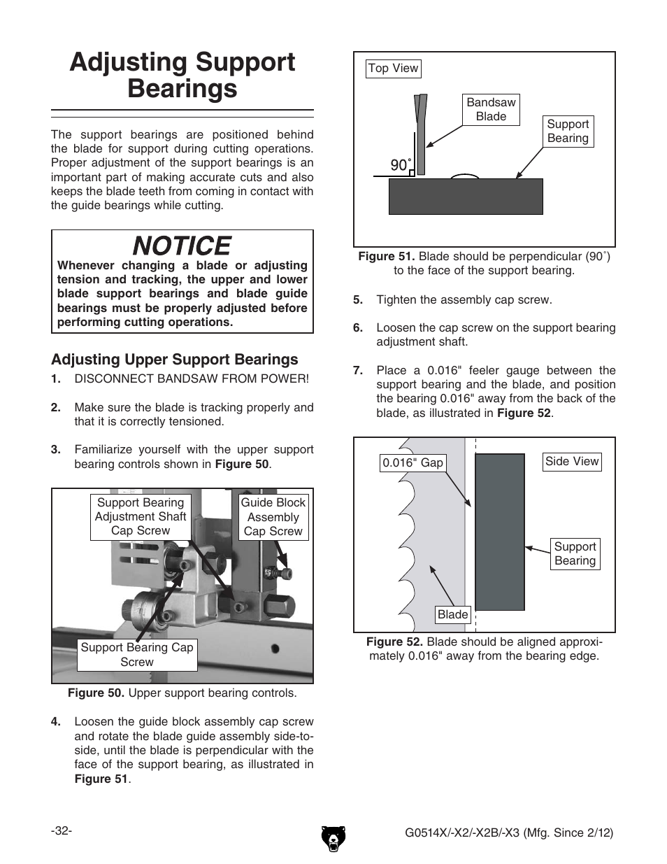 Adjusting support bearings | Grizzly G0514X User Manual | Page 34 / 96