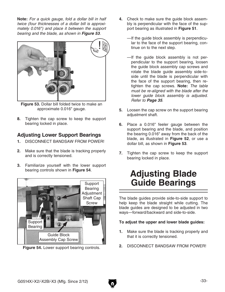 Adjusting blade guide bearings | Grizzly G0514X User Manual | Page 35 / 96