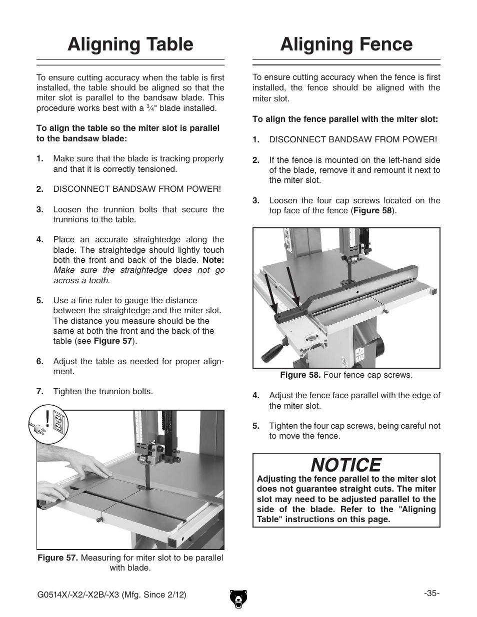 Aligning table, Aligning fence | Grizzly G0514X User Manual | Page 37 / 96
