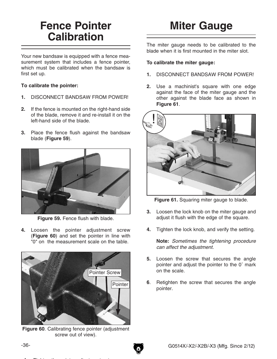 Miter gauge, Fence pointer calibration | Grizzly G0514X User Manual | Page 38 / 96