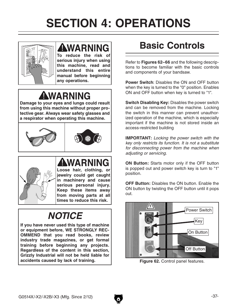 Notice, Basic controls | Grizzly G0514X User Manual | Page 39 / 96