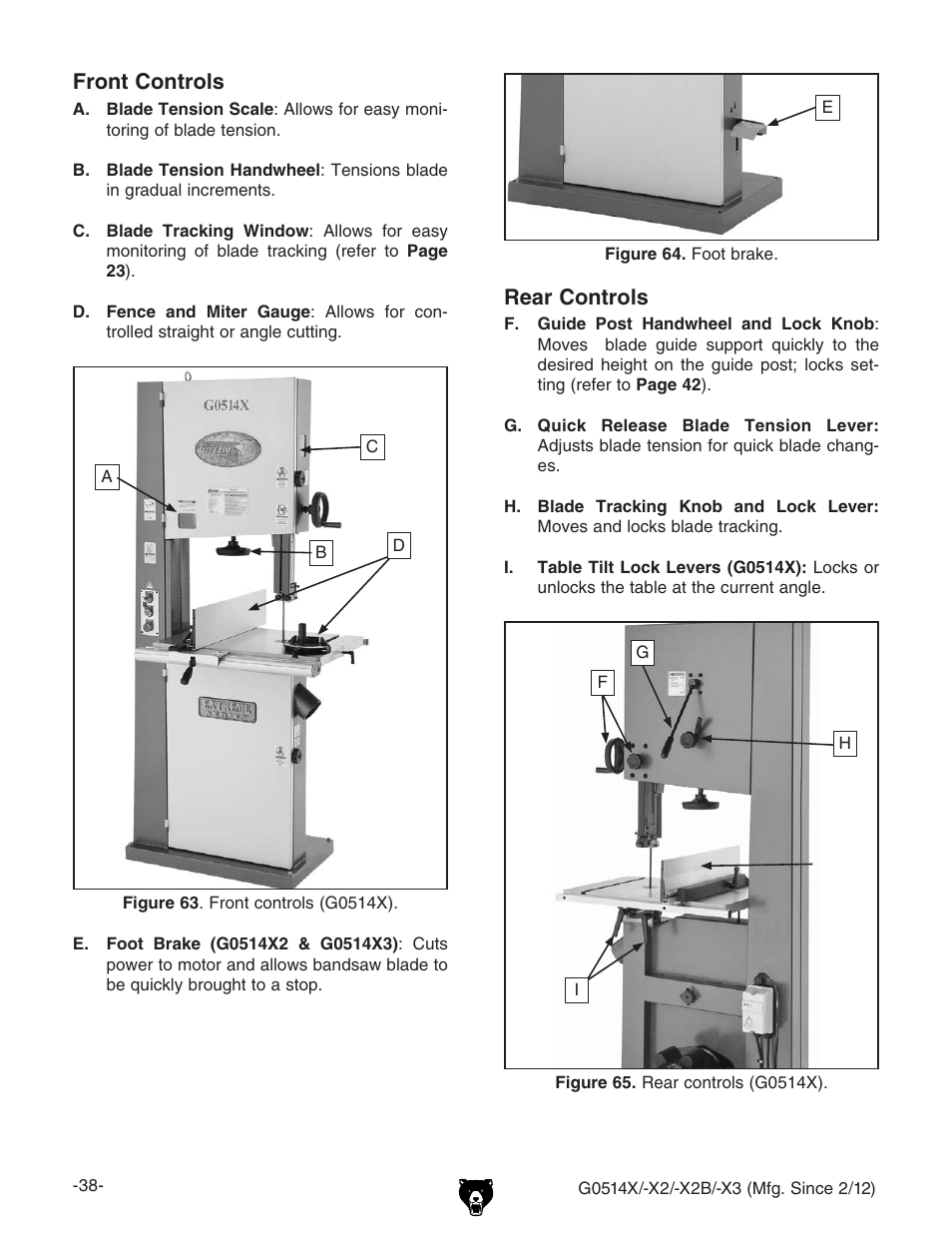 Front controls, Rear controls | Grizzly G0514X User Manual | Page 40 / 96