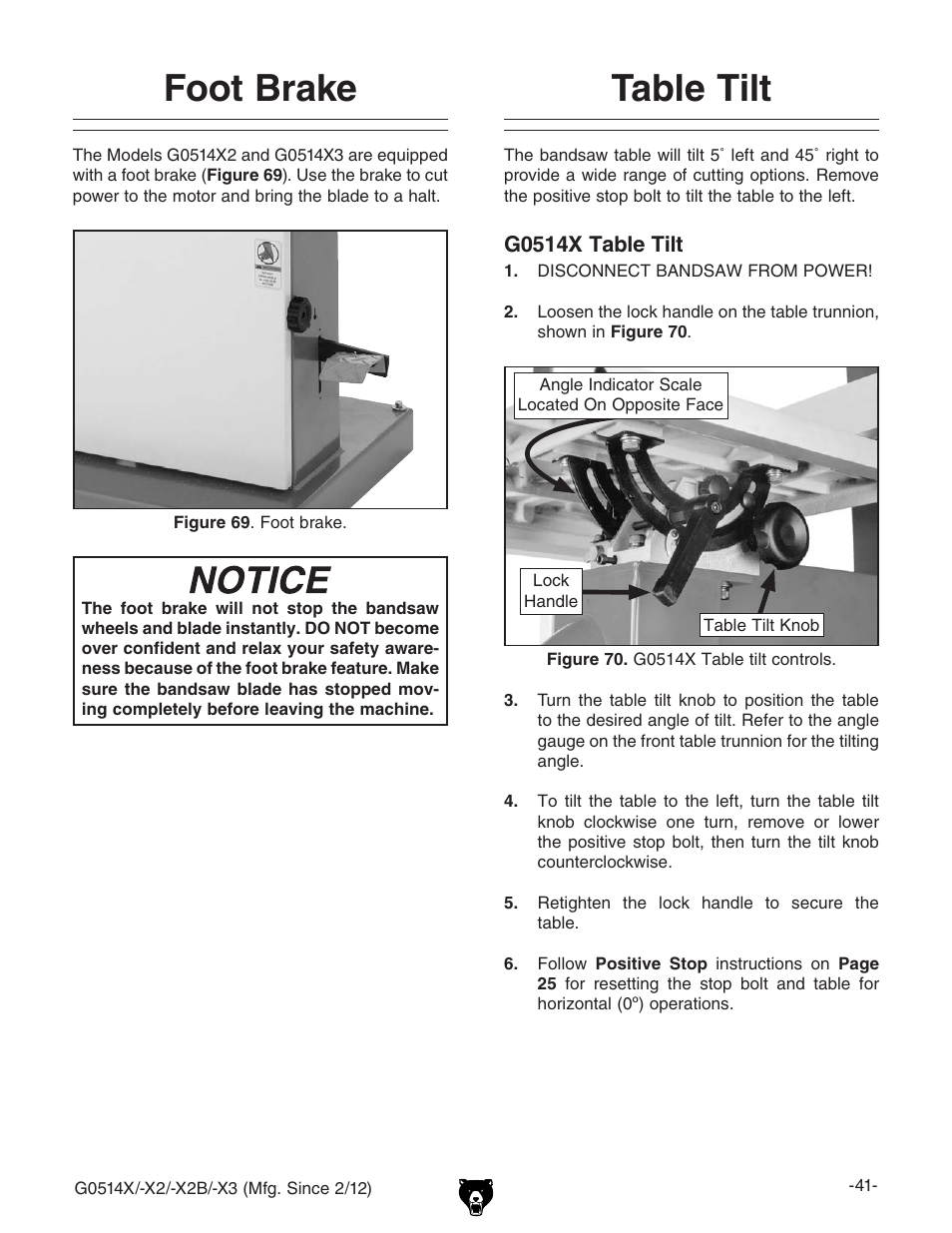 Foot brake, Table tilt | Grizzly G0514X User Manual | Page 43 / 96